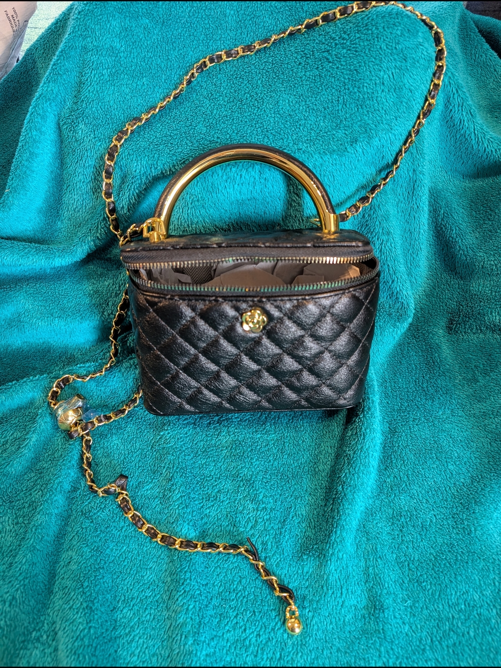 Black Quilted Top-Handle Crossbody Bag with Gold Hardware